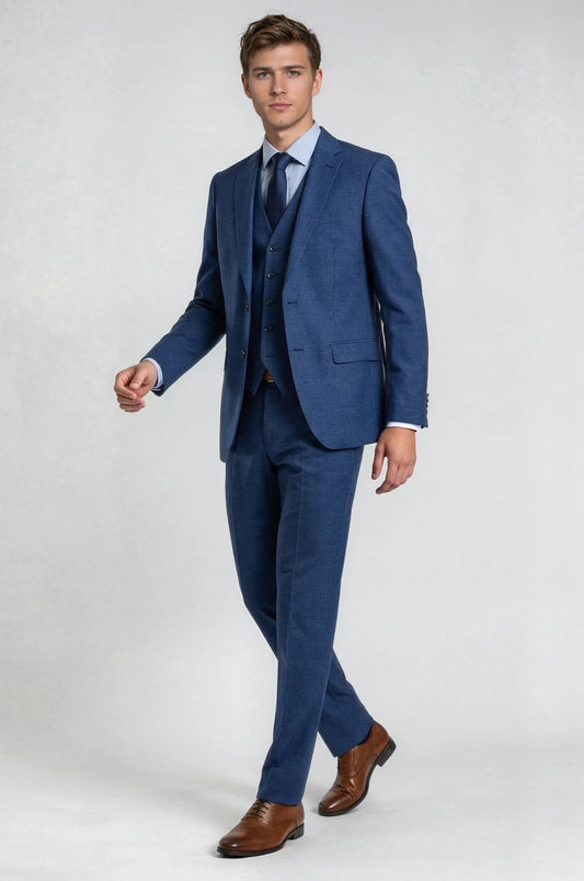 Textured 3 Piece Navy Blue Suit
