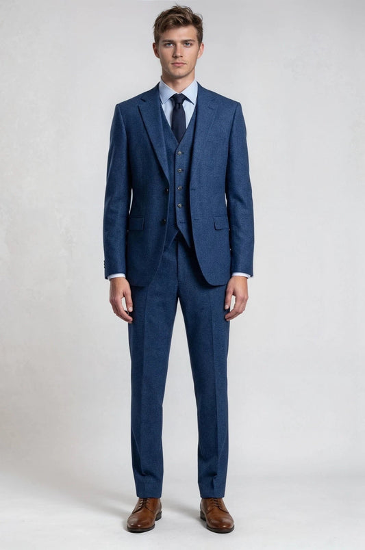 Textured 3 Piece Navy Blue Suit