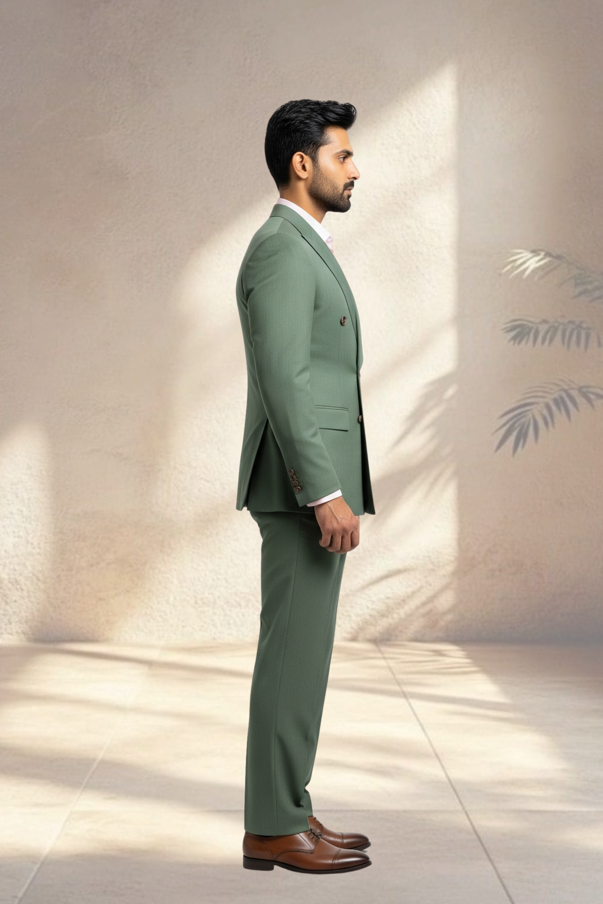 Man wearing a green suit standing against a light-colored wall with a subtle pattern.