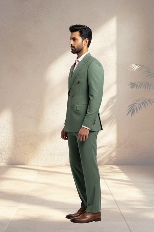 Man wearing a green suit standing against a neutral background