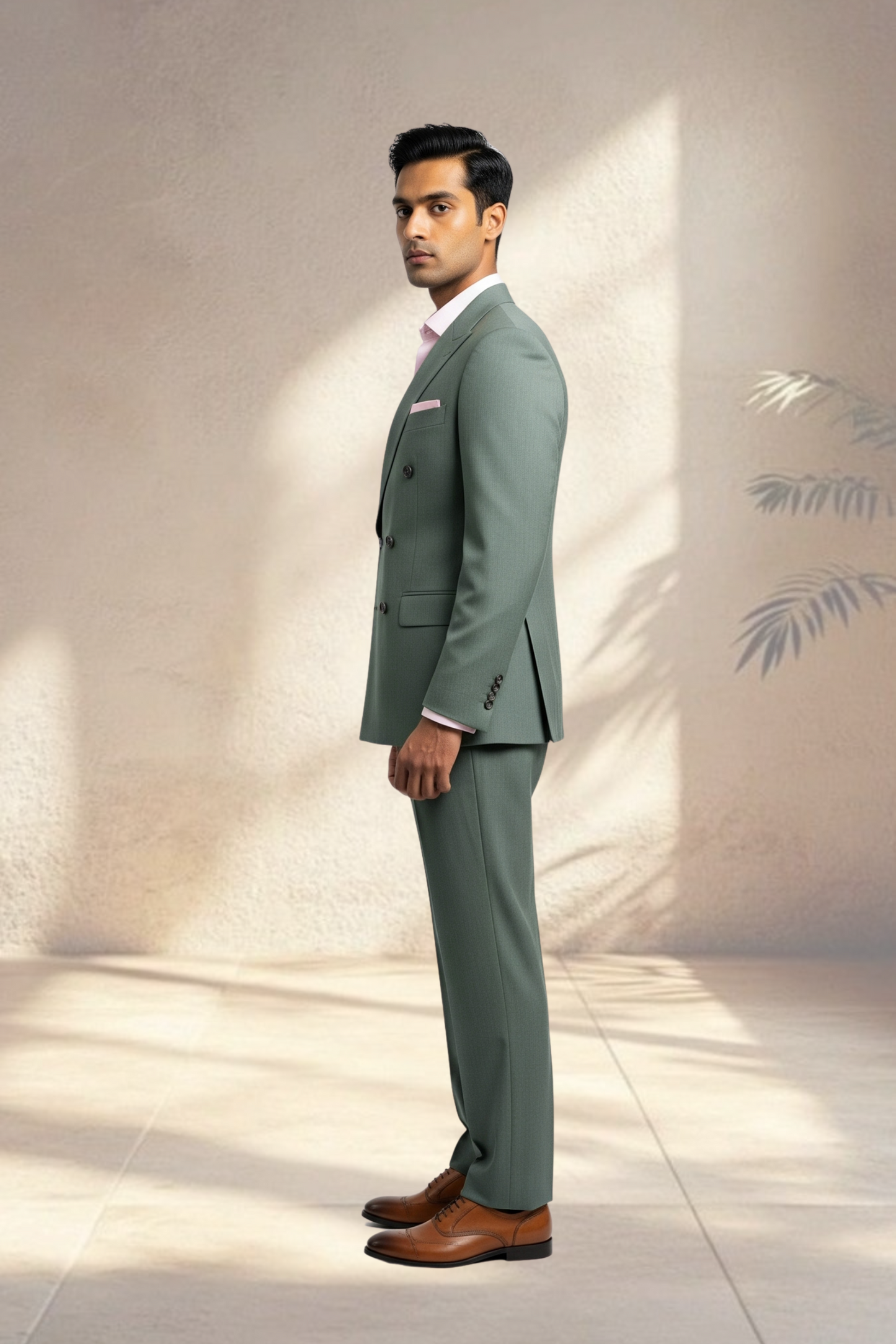 Man wearing a gray suit with brown shoes in a well-lit room.