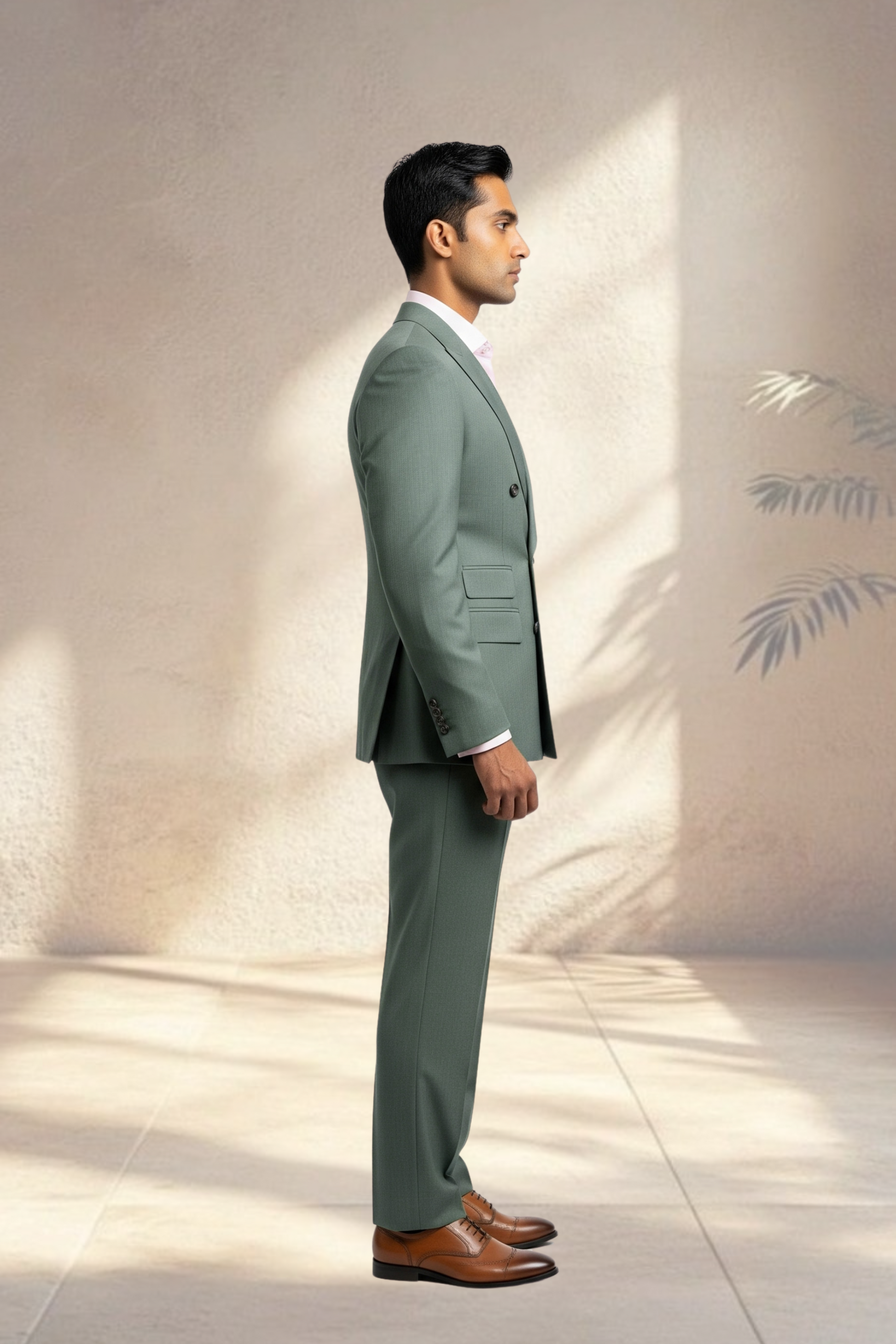 Man wearing a light gray suit with brown shoes standing against a neutral wall.