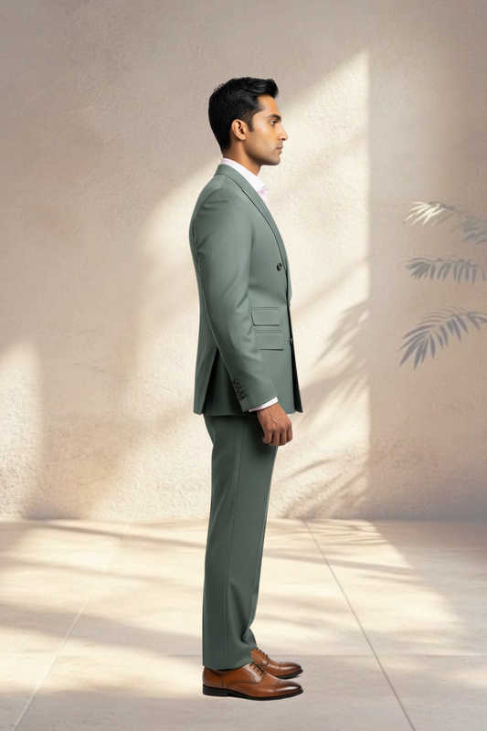 Man wearing a light gray suit with brown shoes standing against a neutral wall.