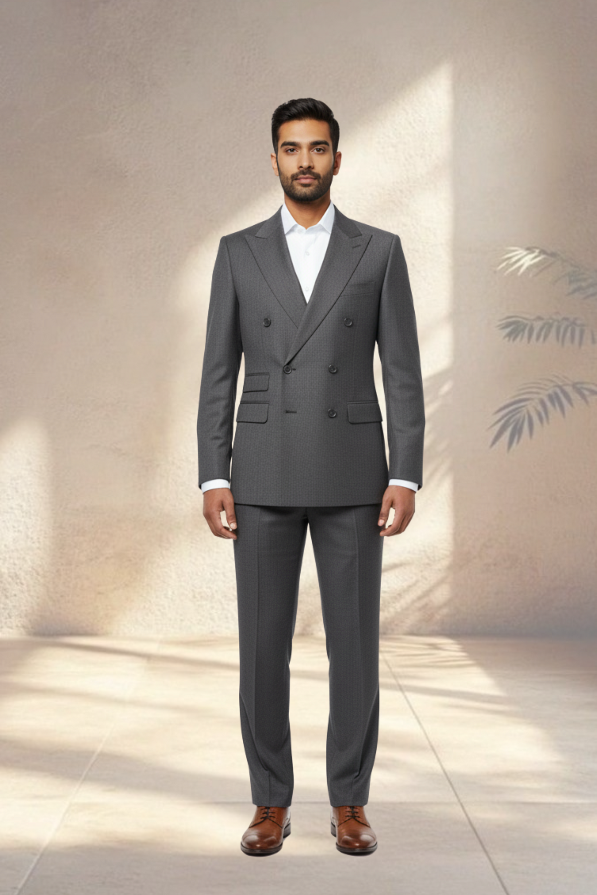 Man wearing a gray suit standing against a neutral background