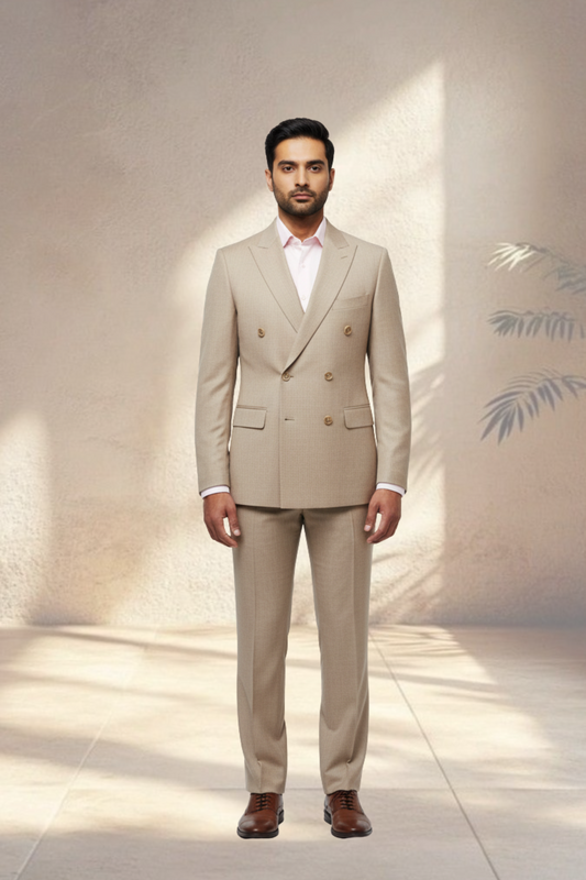 Man wearing a beige suit standing against a neutral background