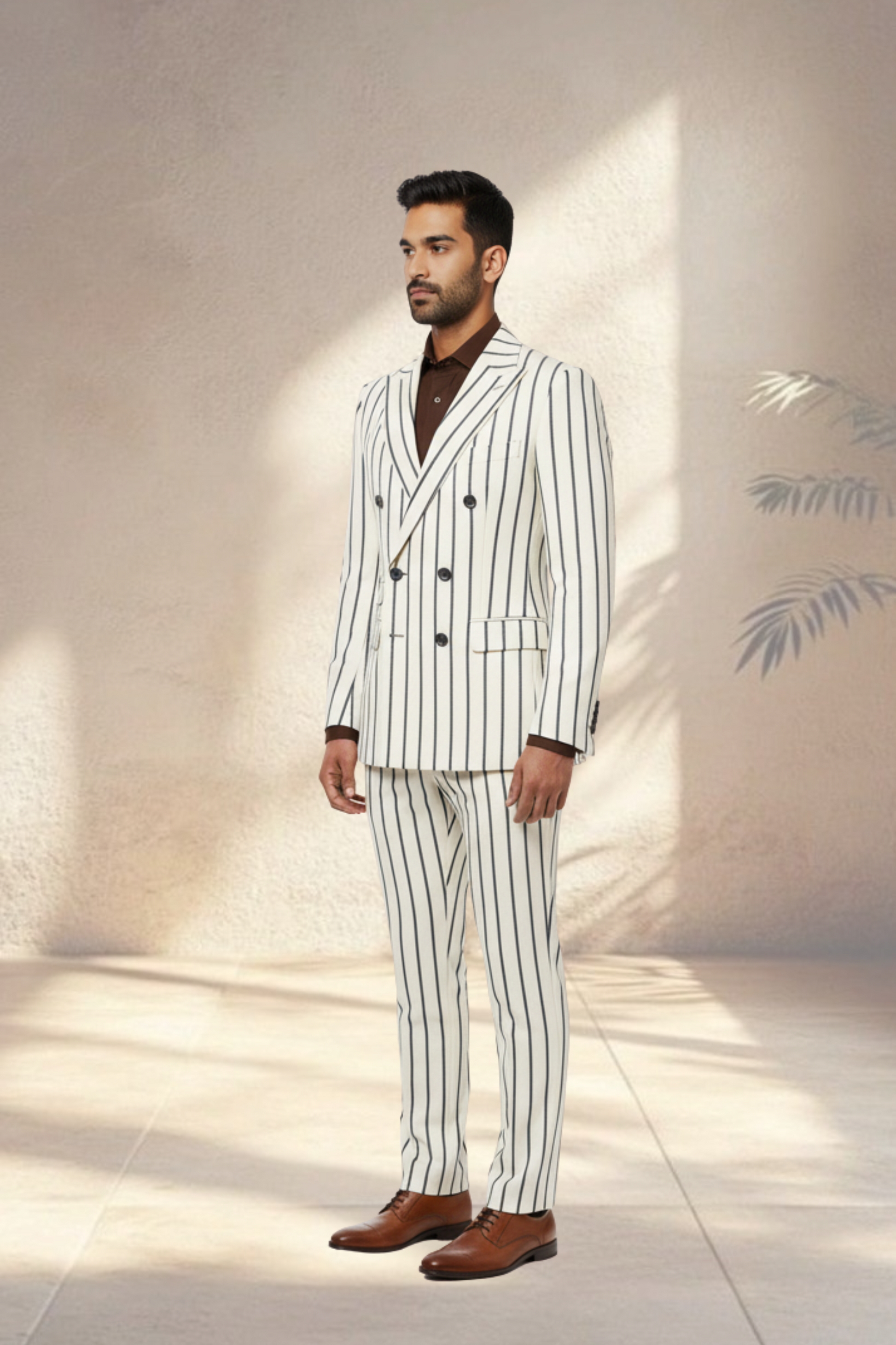 Man wearing a white pinstripe suit with brown shoes in a well-lit room.