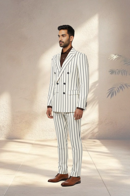 Man wearing a white pinstripe suit with brown shoes in a well-lit room.