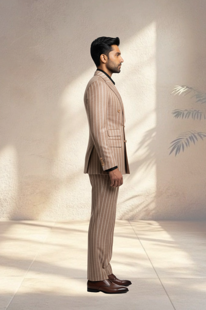Man wearing a beige pinstripe suit standing against a light background
