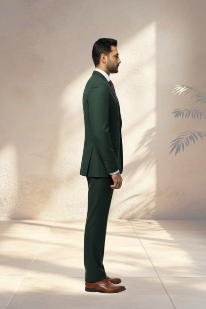 Man wearing a green suit standing against a light-colored wall with a subtle pattern.