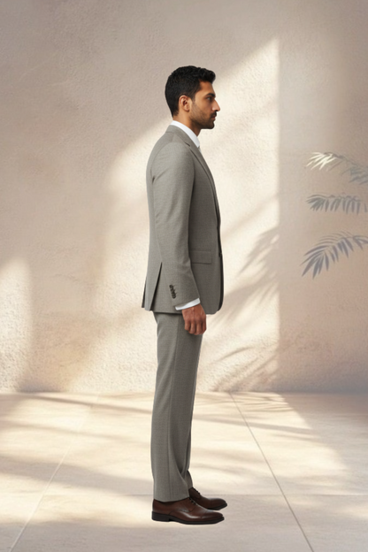 Man in a gray suit standing against a light wall with a minimalistic design.