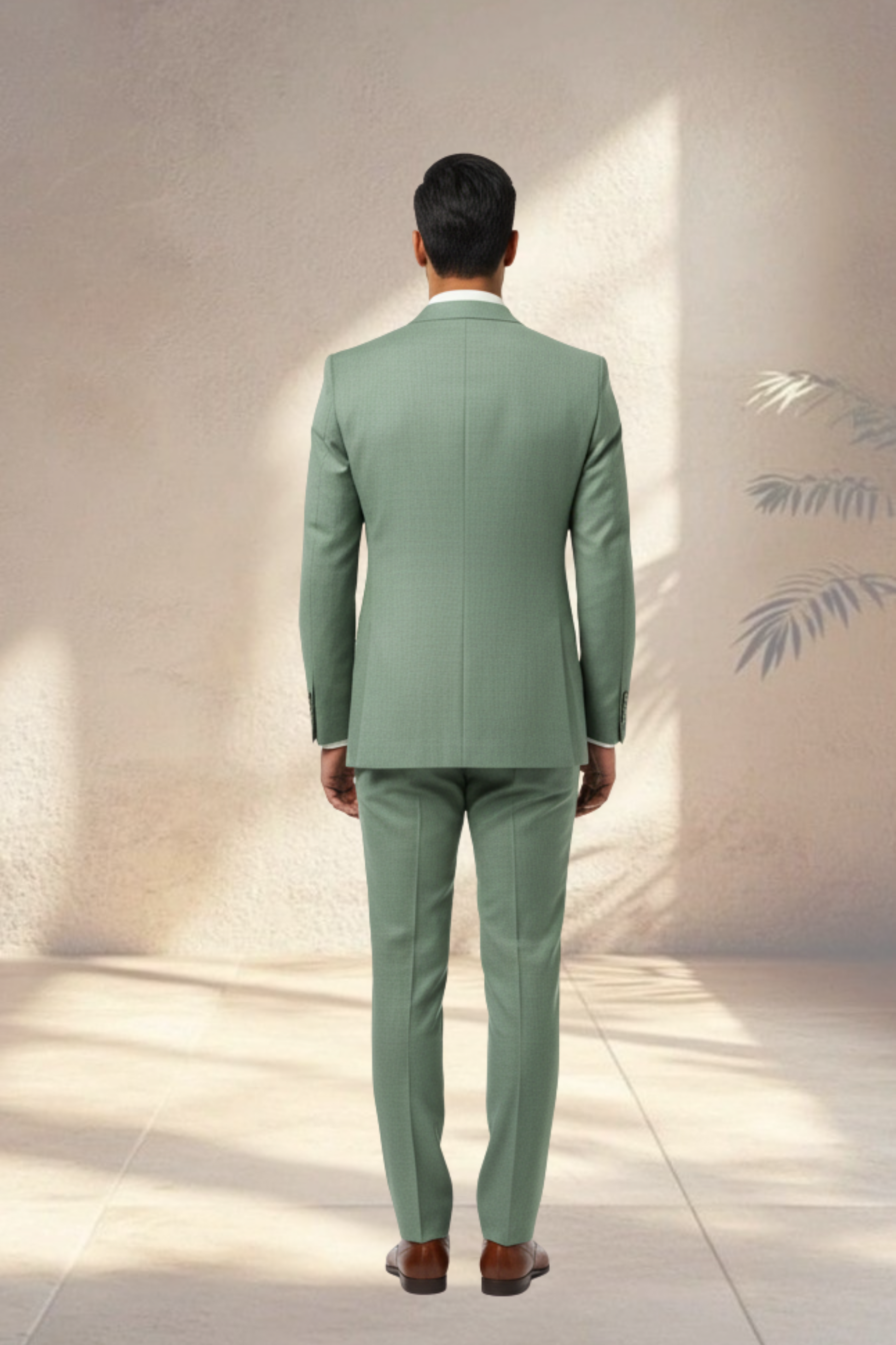 Man wearing a light green suit standing against a neutral wall.