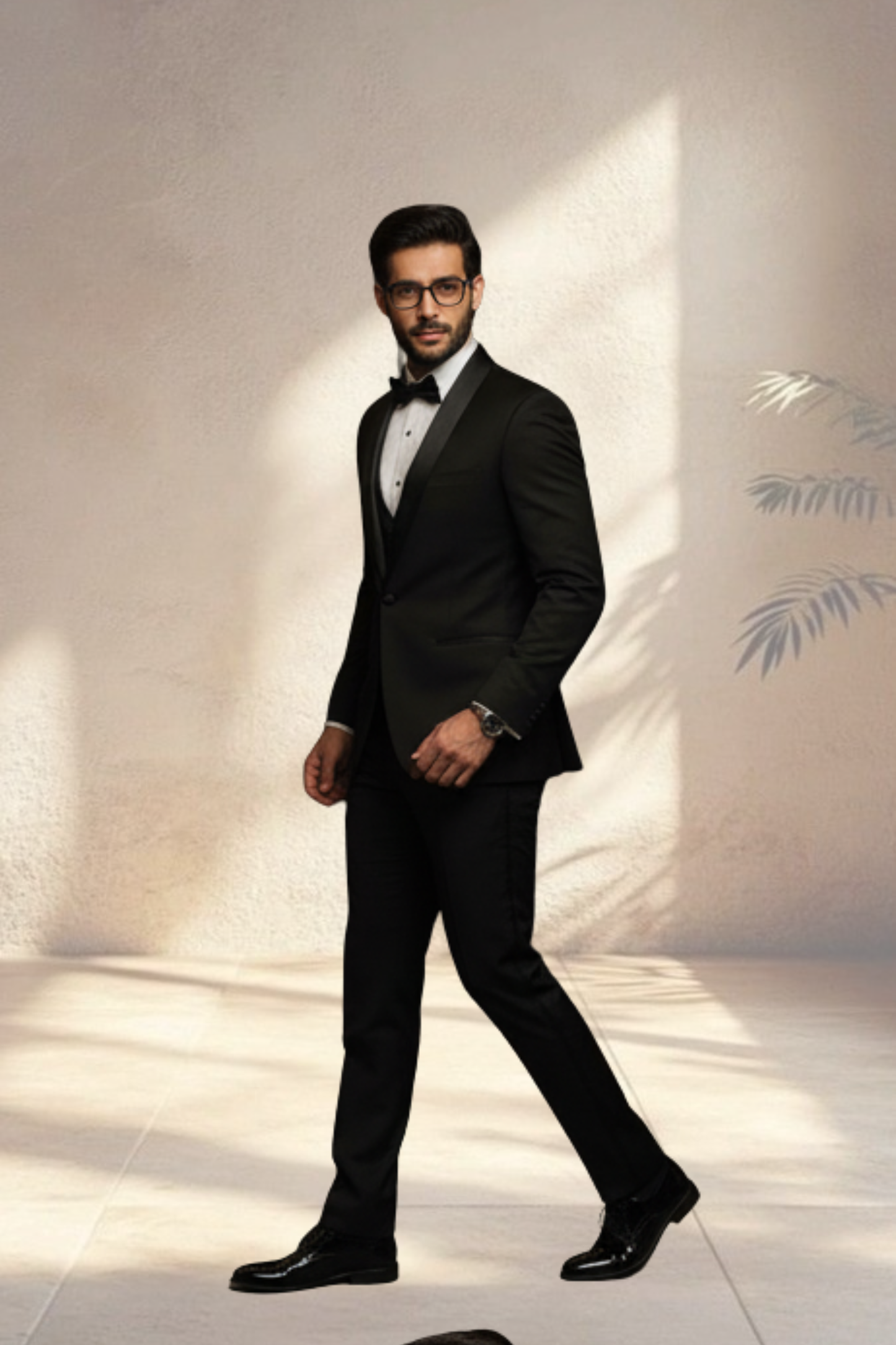 Man in a black tuxedo standing against a light background