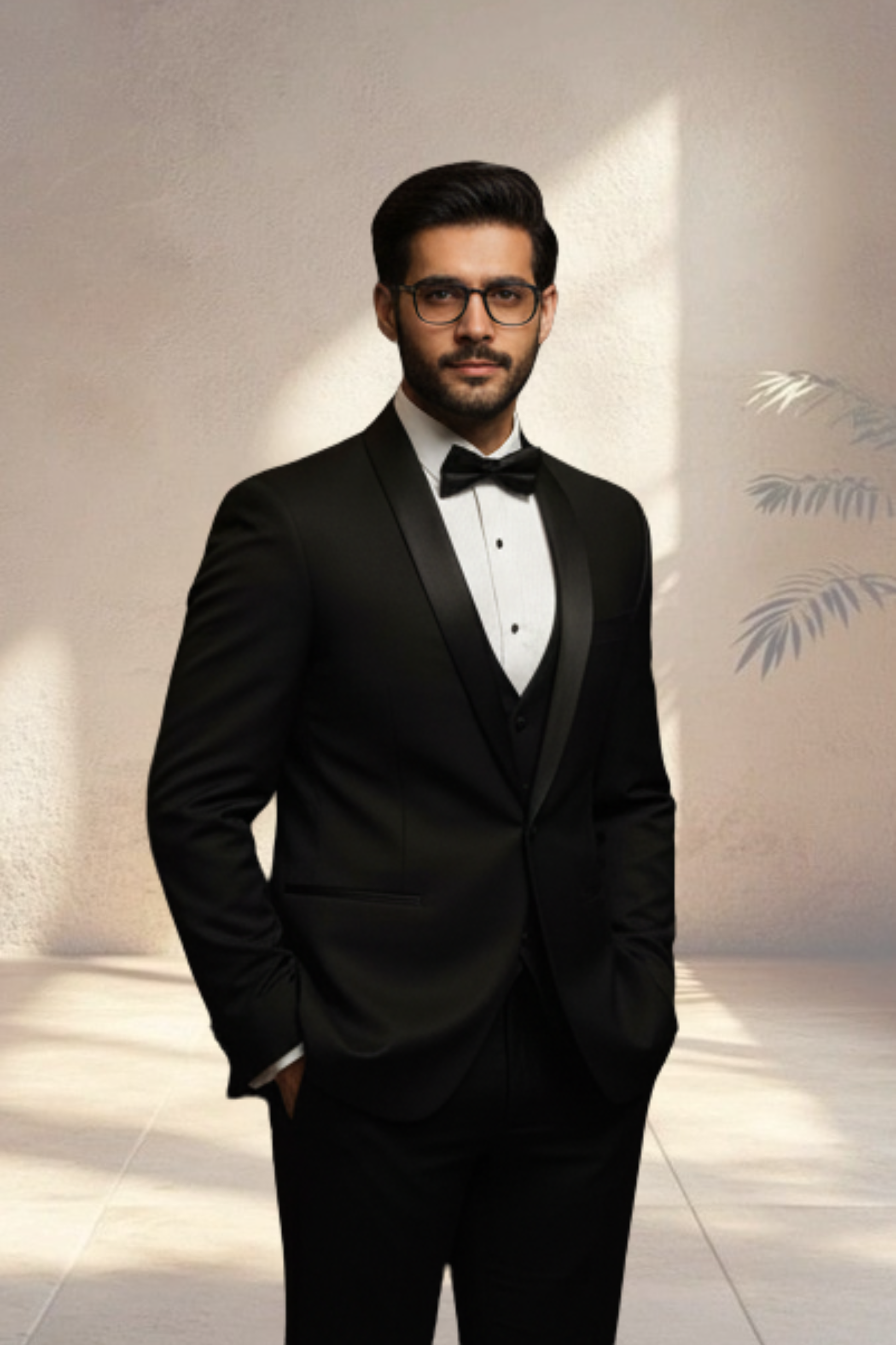 Man wearing a black tuxedo with a white shirt and bow tie against a neutral background
