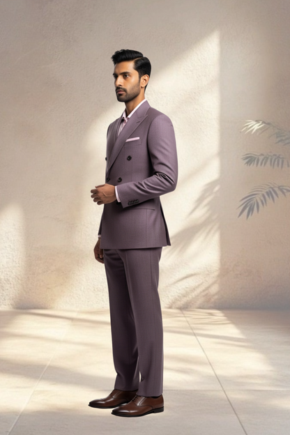 Man wearing a purple suit standing against a light background