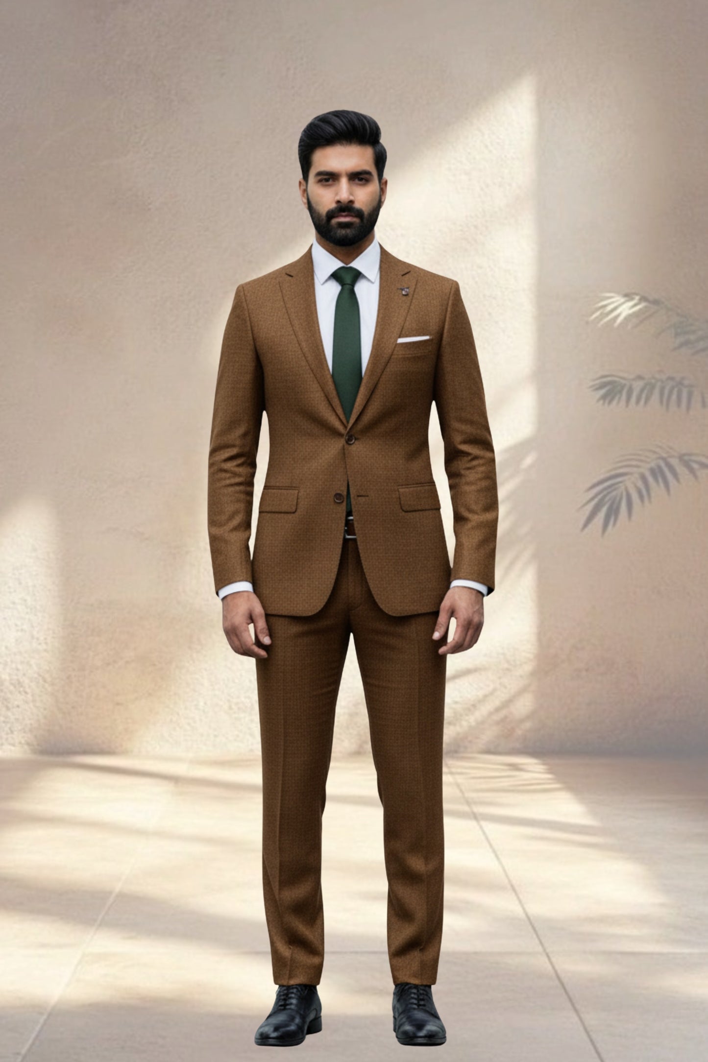 Man wearing a brown suit with a green tie against a neutral background