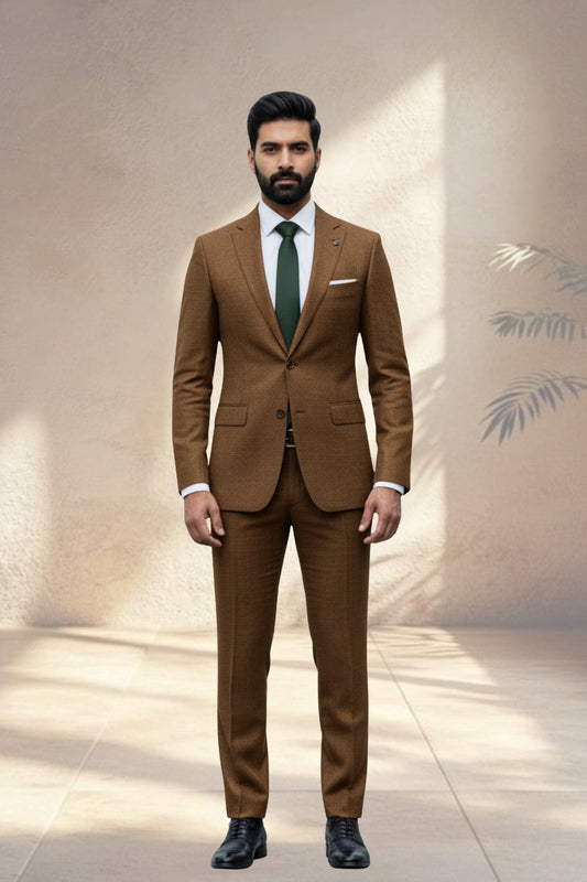 Man wearing a brown suit with a green tie against a neutral background