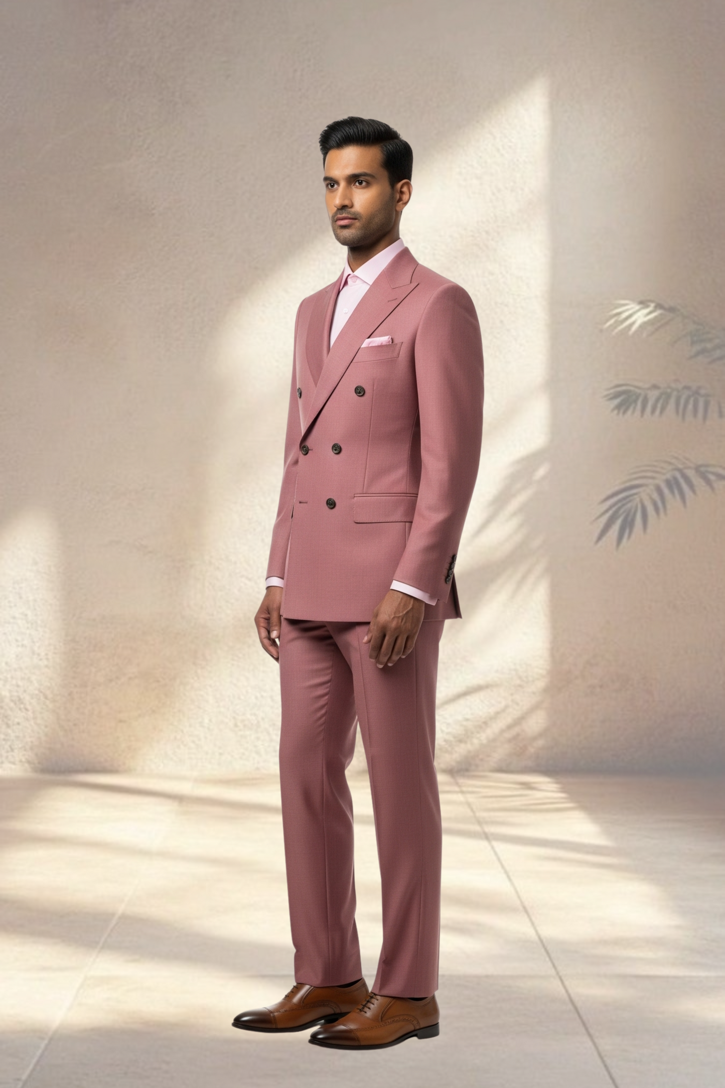 Man wearing a pink suit standing against a neutral background