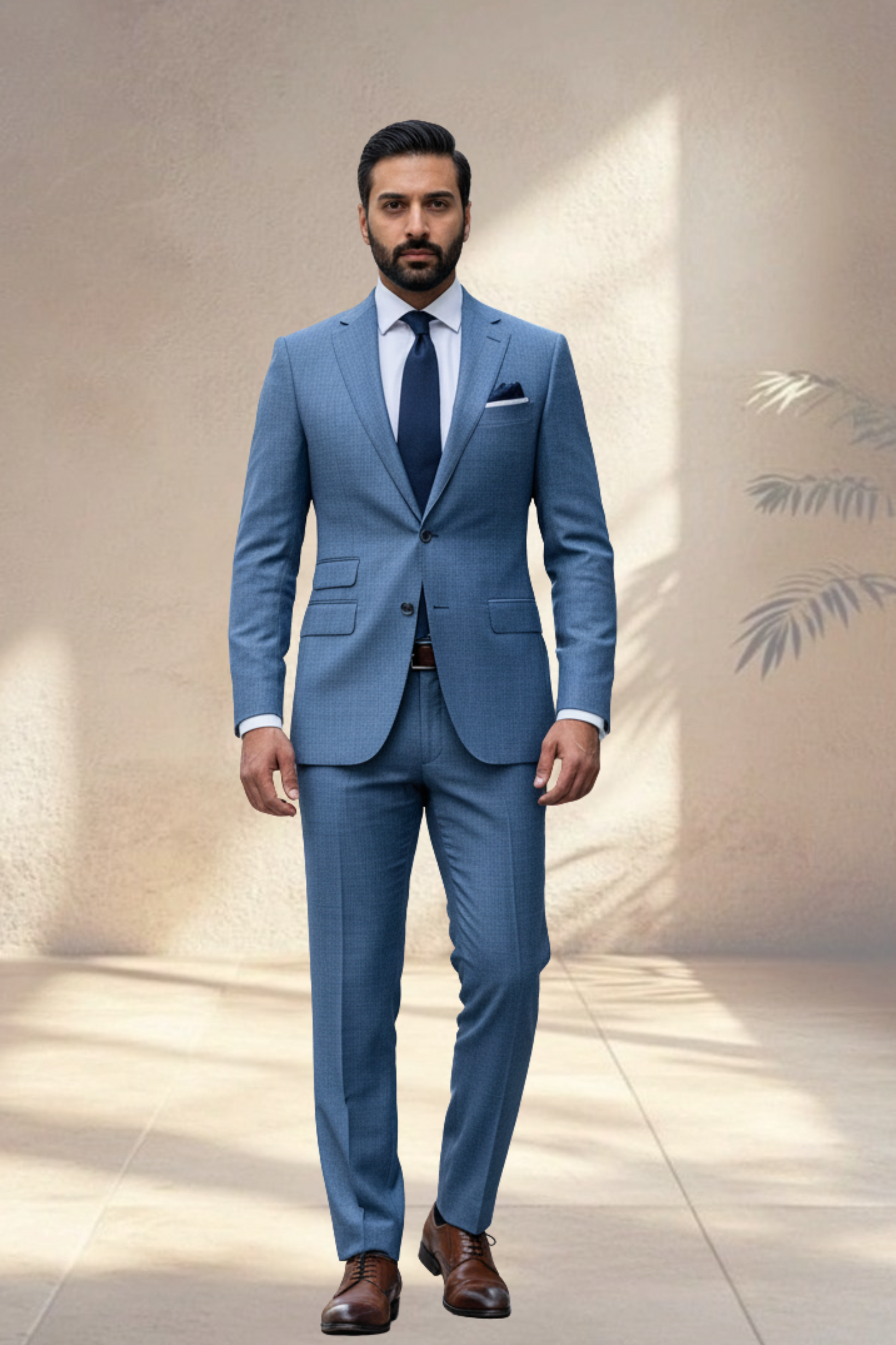 Man wearing a light blue suit with a dark tie against a neutral background