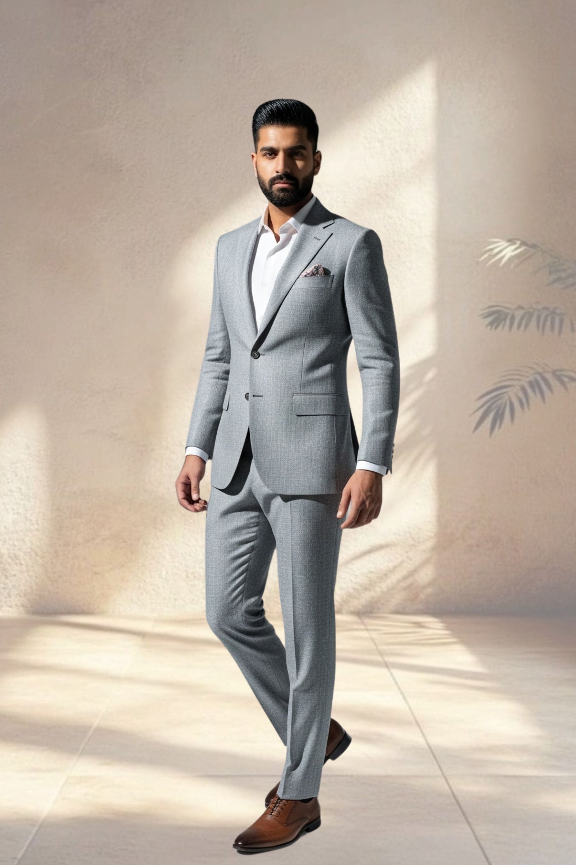 Man wearing a gray suit with a white shirt and brown shoes against a light background