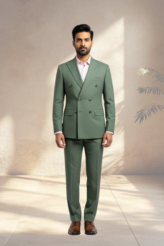 Man wearing a green suit with a white shirt and brown shoes against a neutral background