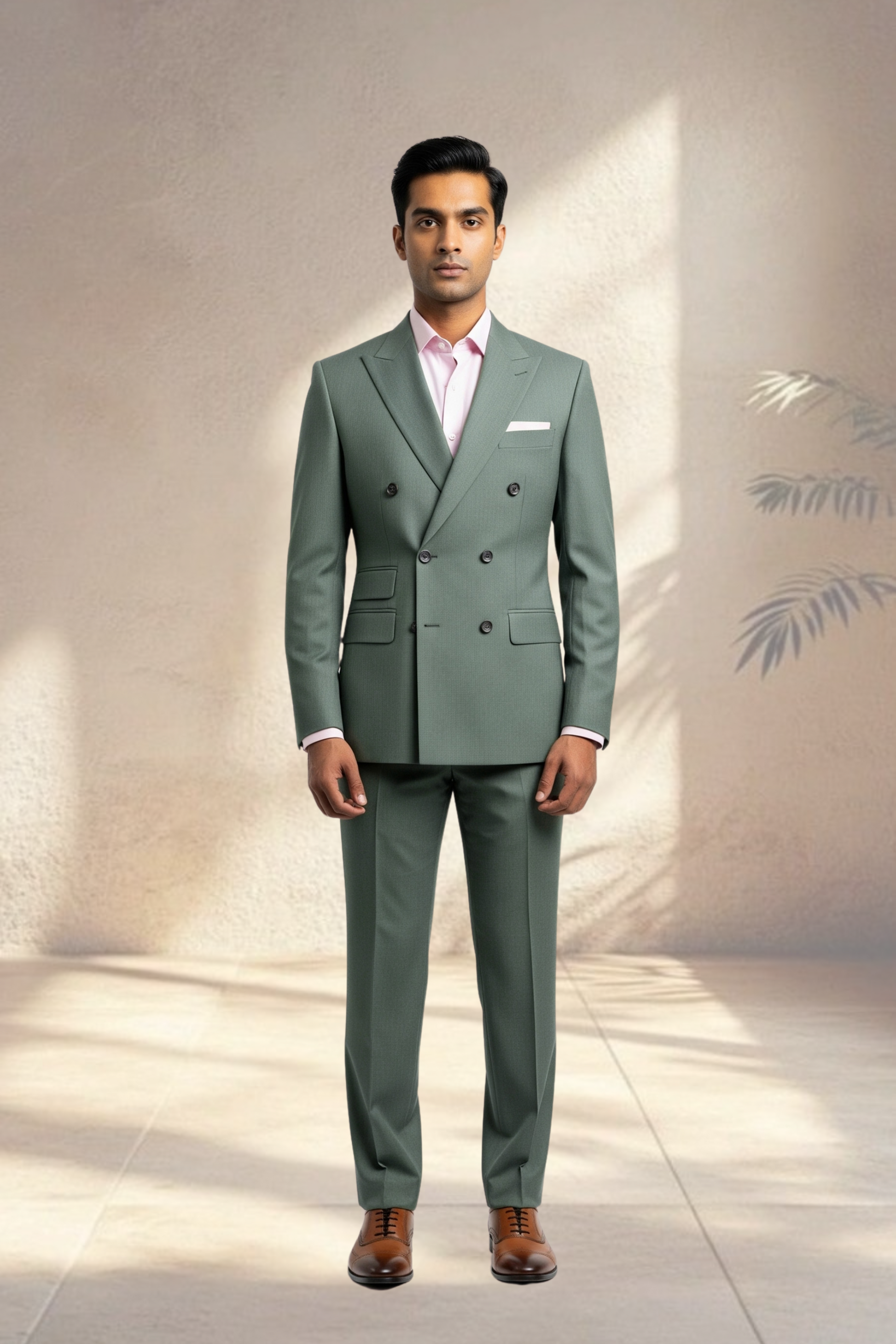Man wearing a green suit with a white shirt and brown shoes against a neutral background