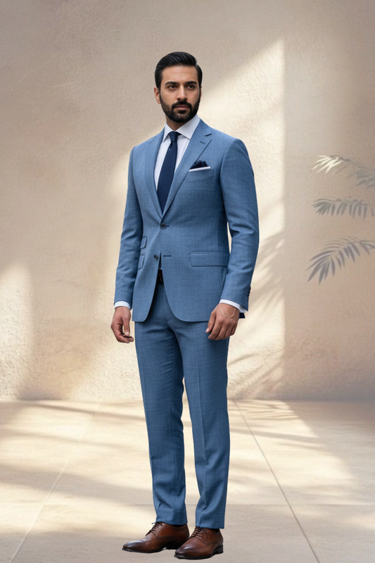 Man wearing a light blue suit with a dark tie and brown shoes against a neutral background