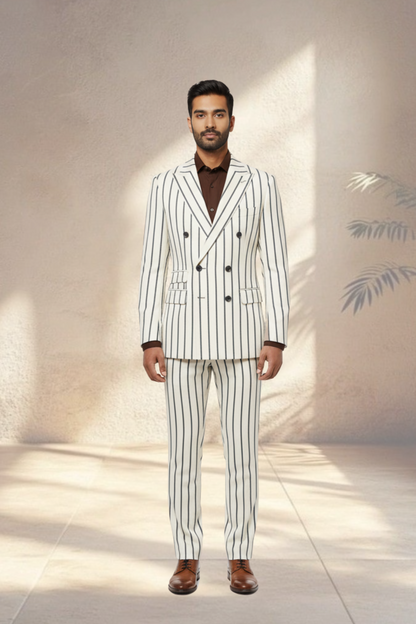 Man wearing a white pinstripe suit with a brown shirt and shoes in a well-lit room.