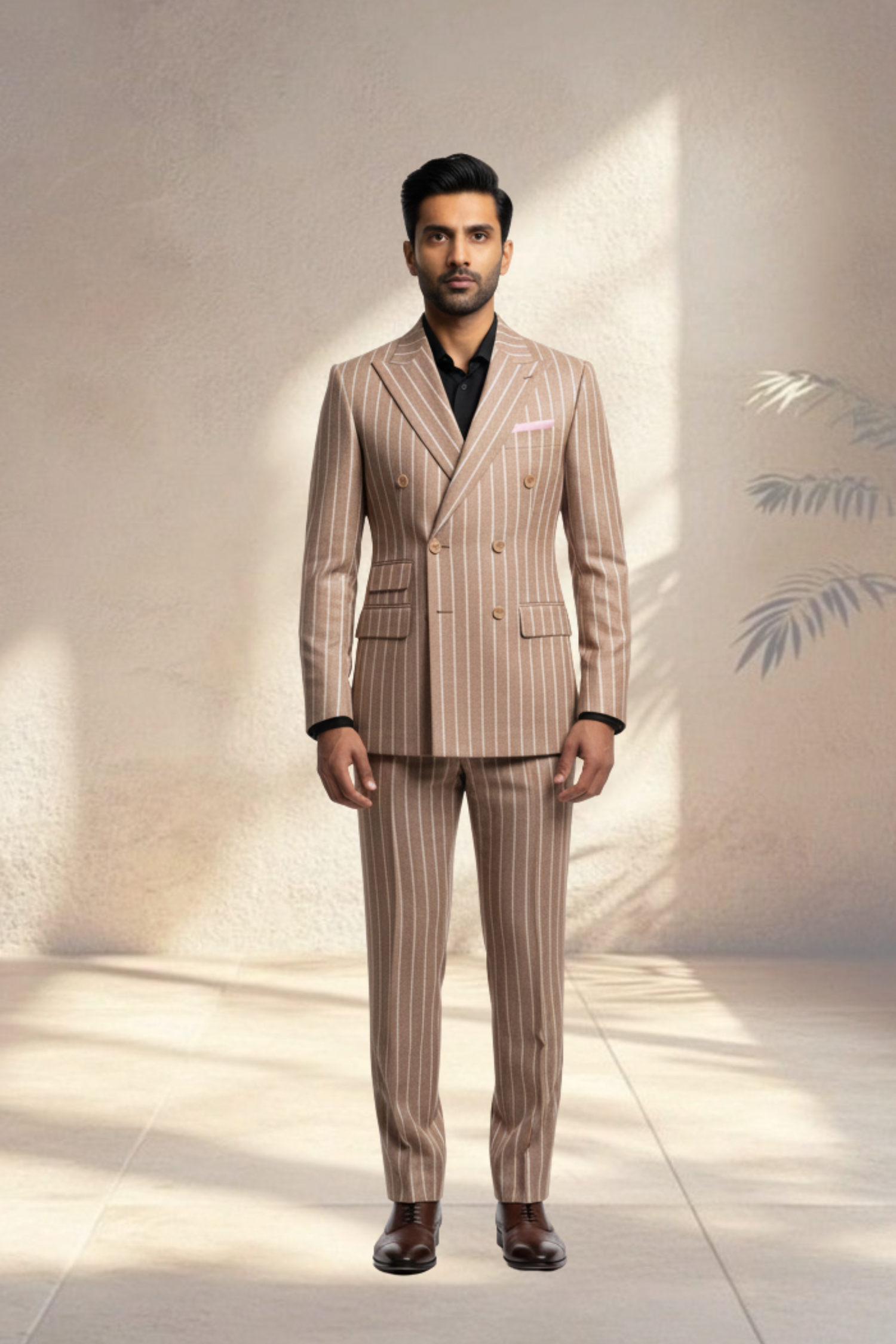 Man wearing a beige pinstripe suit standing against a neutral background