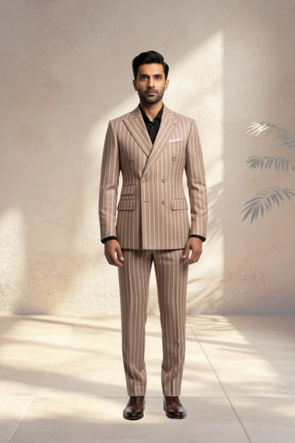 Man wearing a beige pinstripe suit standing against a neutral background