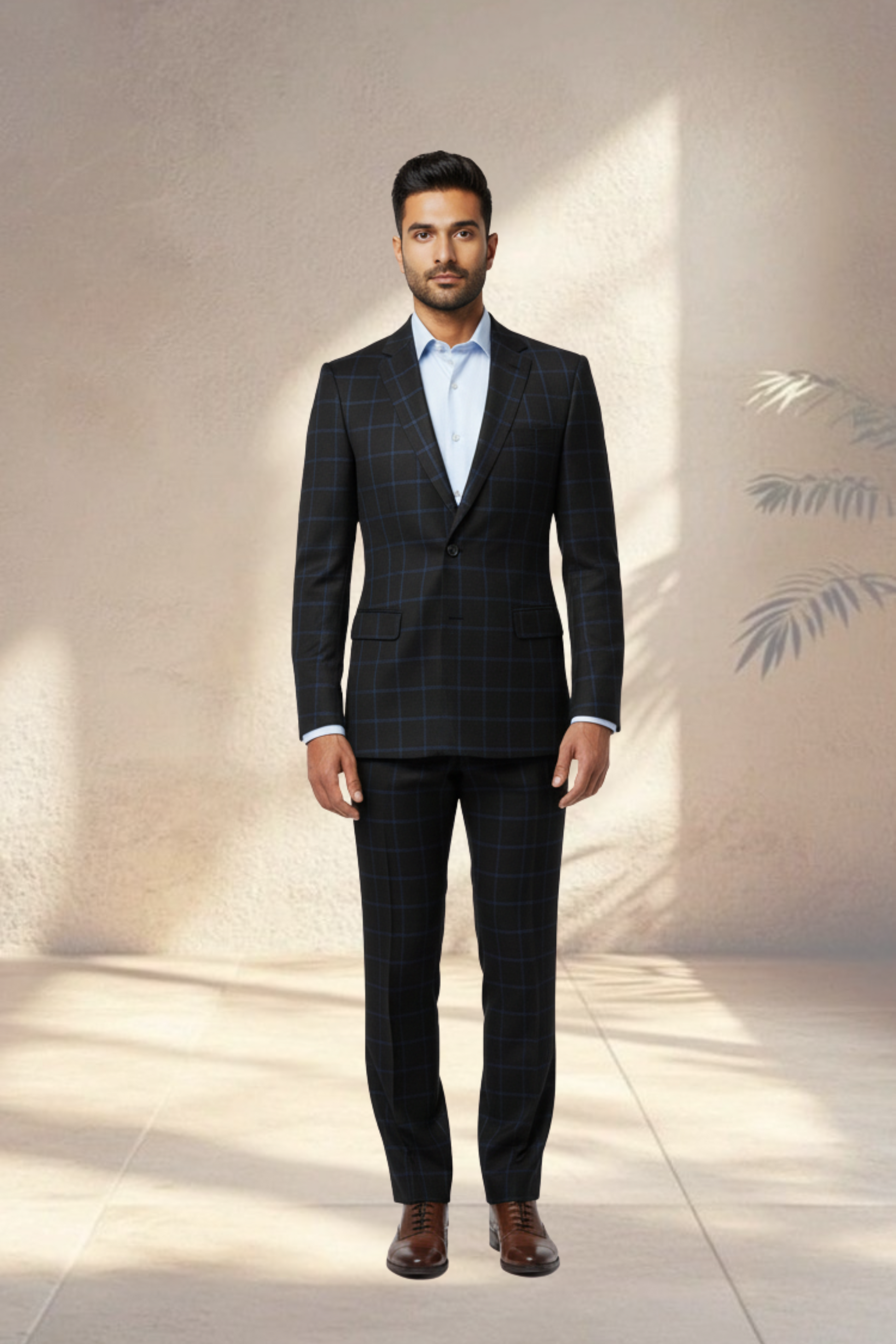 Man wearing a dark checkered suit with a light shirt against a neutral background