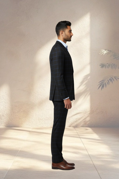 Man wearing a dark checkered suit standing against a light wall with a subtle pattern.