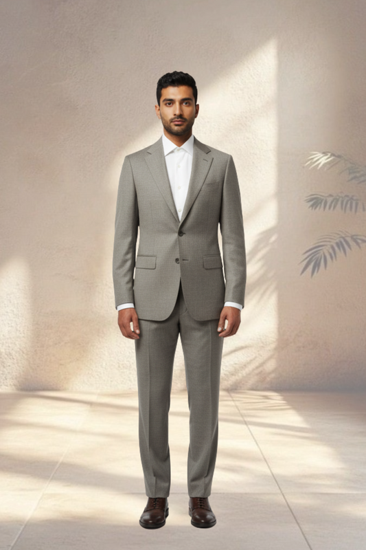 Man wearing a gray suit standing against a neutral background
