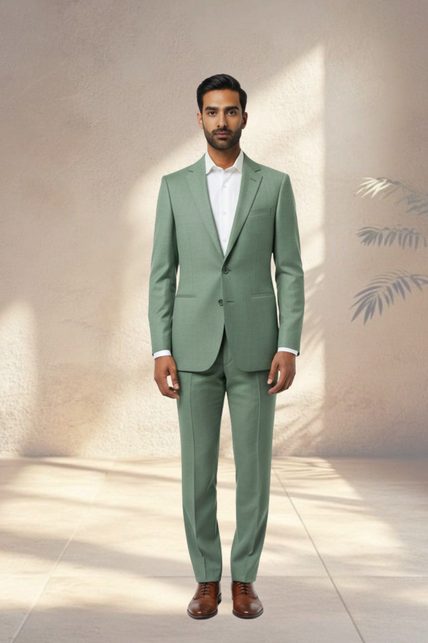 Man wearing a green suit with a white shirt and brown shoes against a neutral background