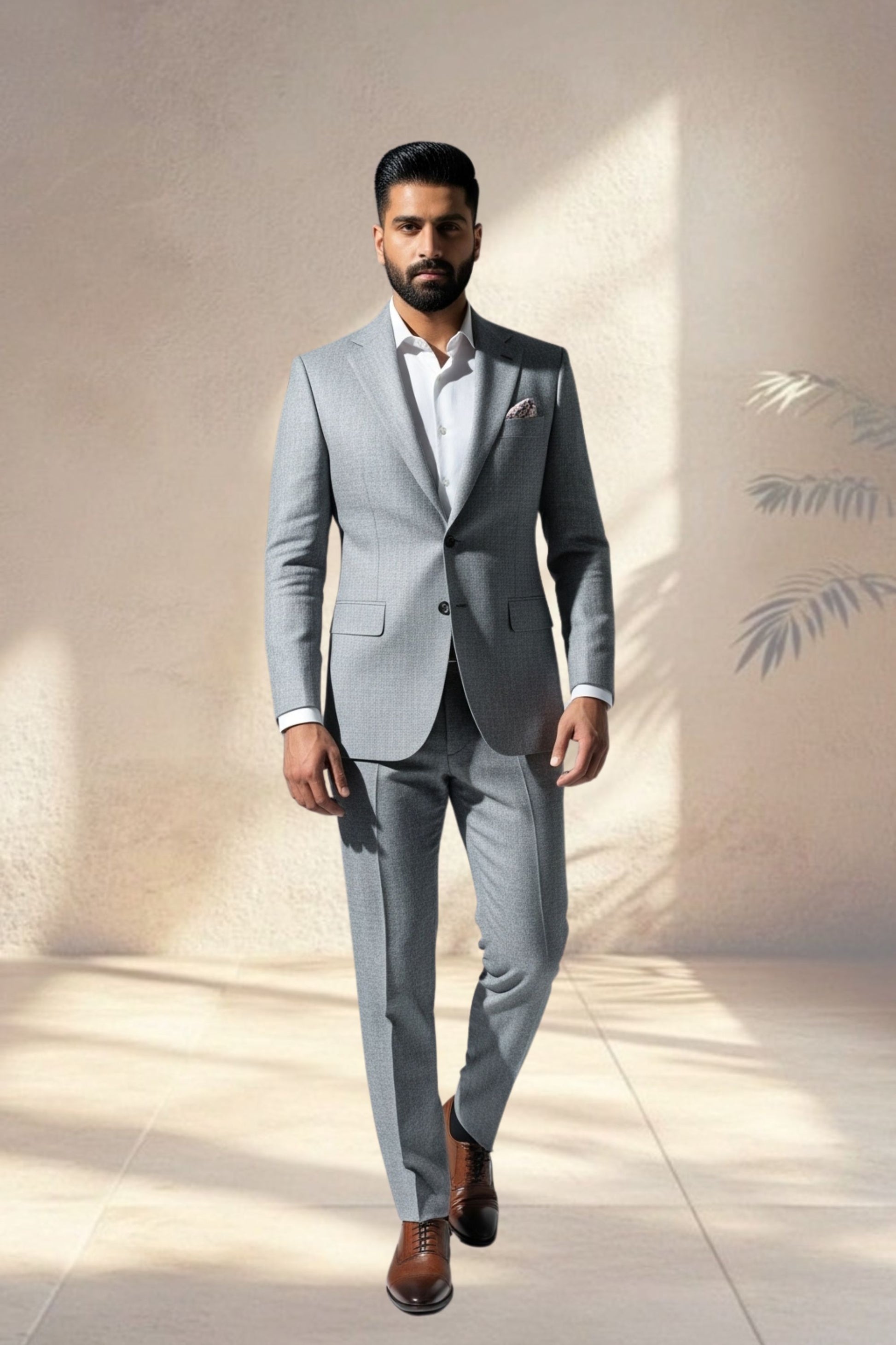Man wearing a gray suit with a white shirt and brown shoes against a neutral background